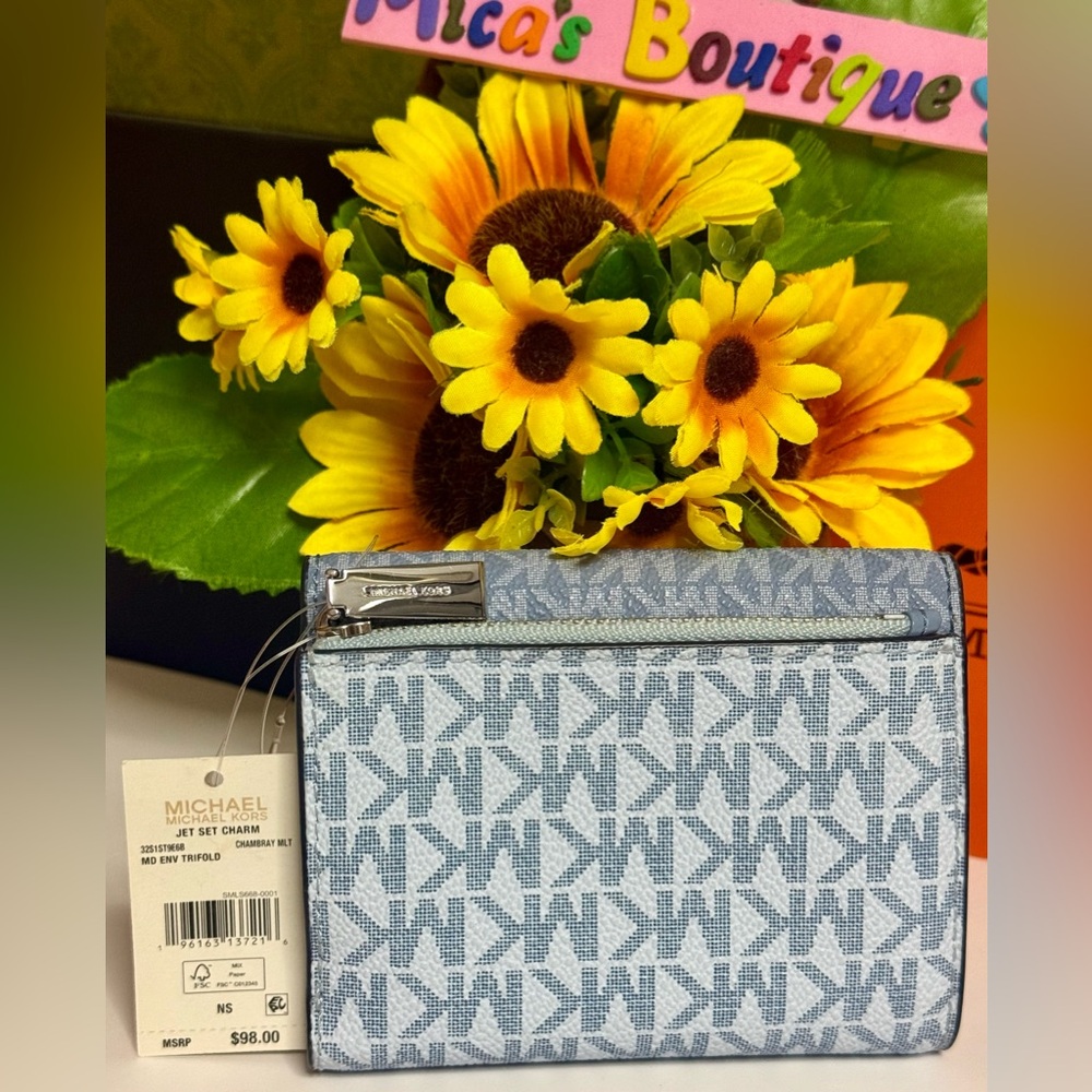 🆕MICHAEL KORS S Jet Set Light blue/Silver Charm MD Envelope Trifold Wallet - Picture 3 of 17